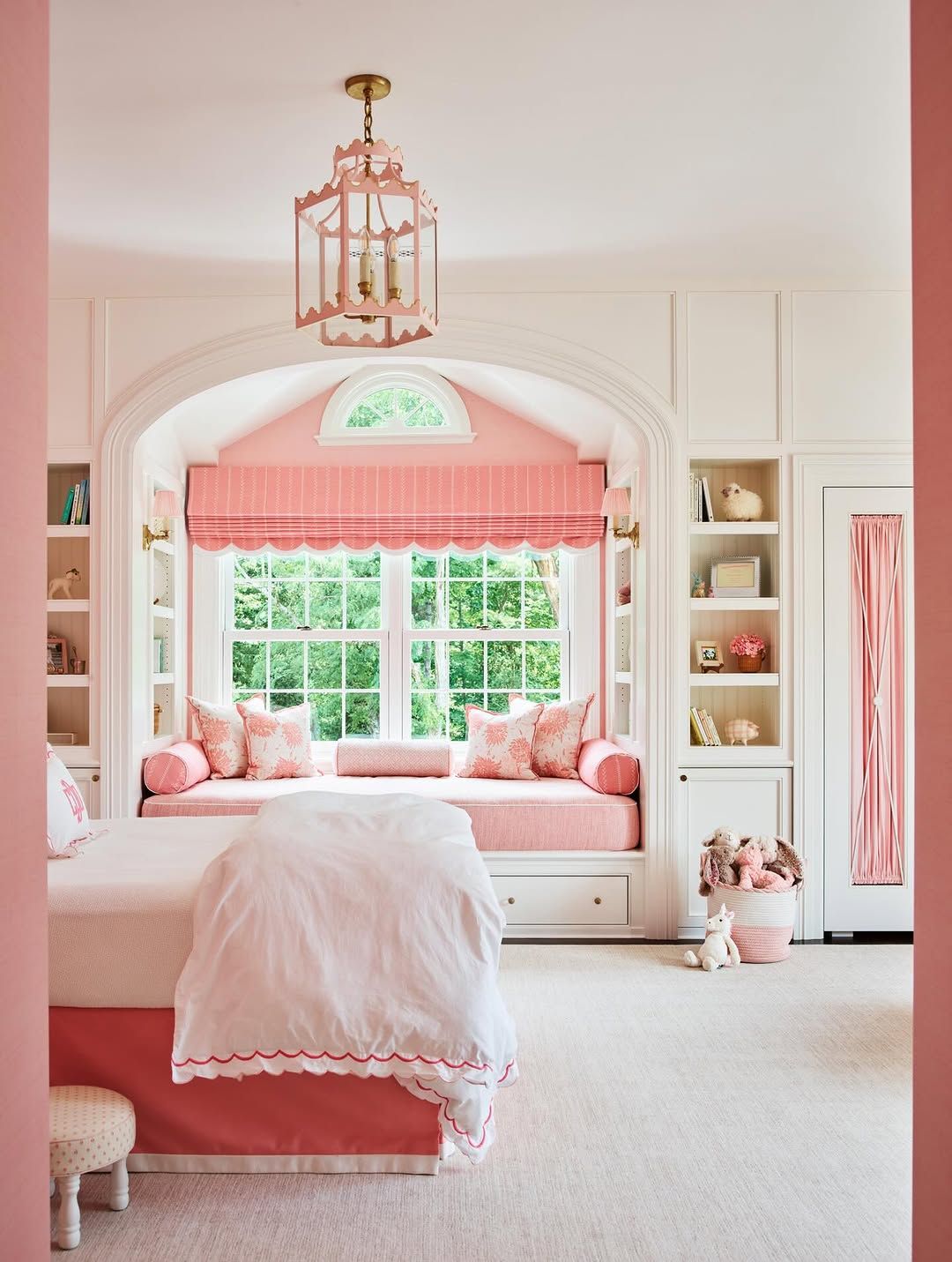 Built-In Window Seating Extended the Pink Palette Across the Room