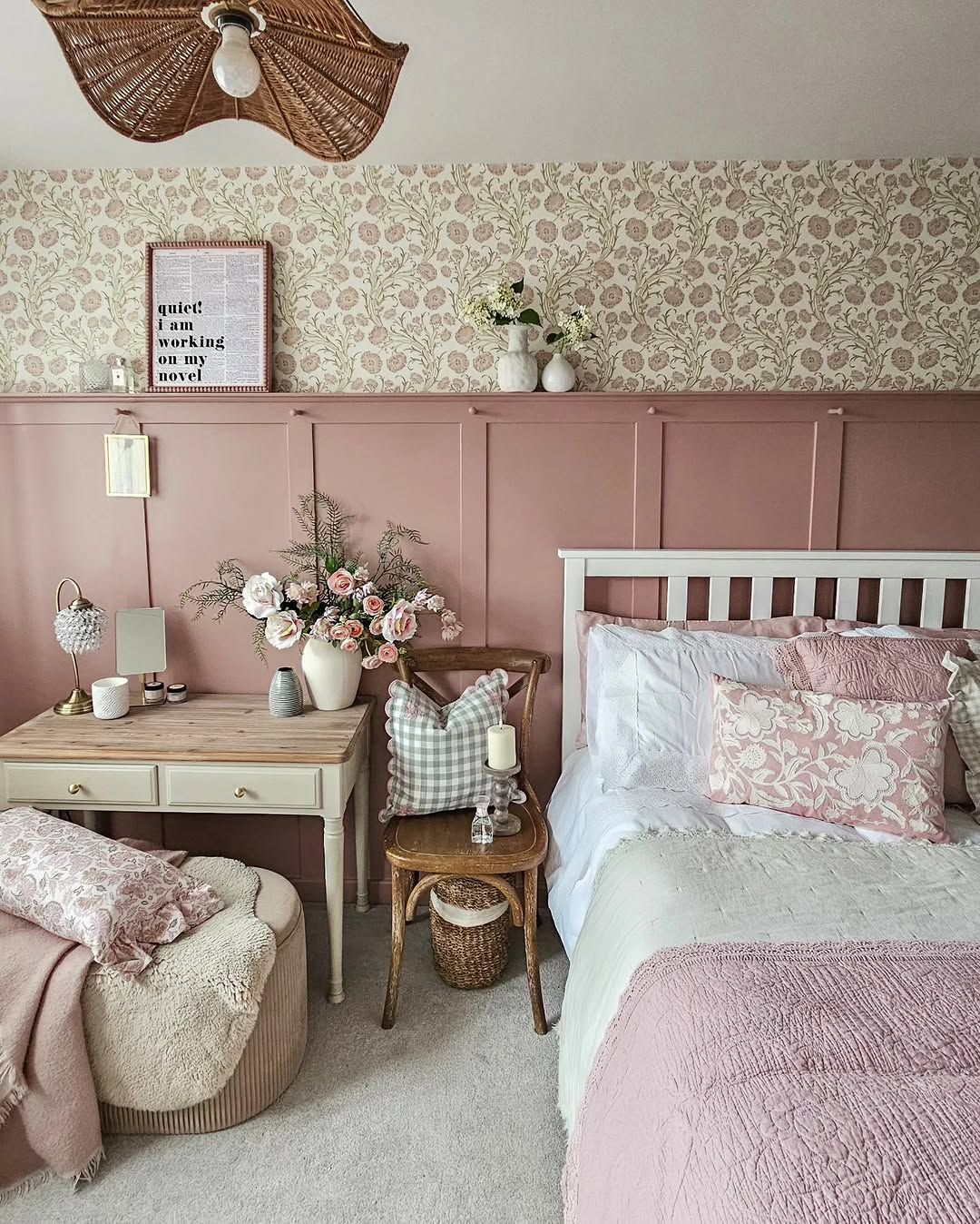 Dusty Rose Paneling Added Depth Across the Lower Walls
