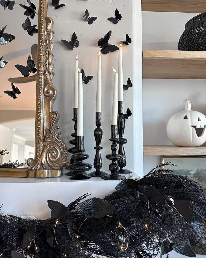 Hauntingly Elegant Halloween Candle Display with Black Butterflies