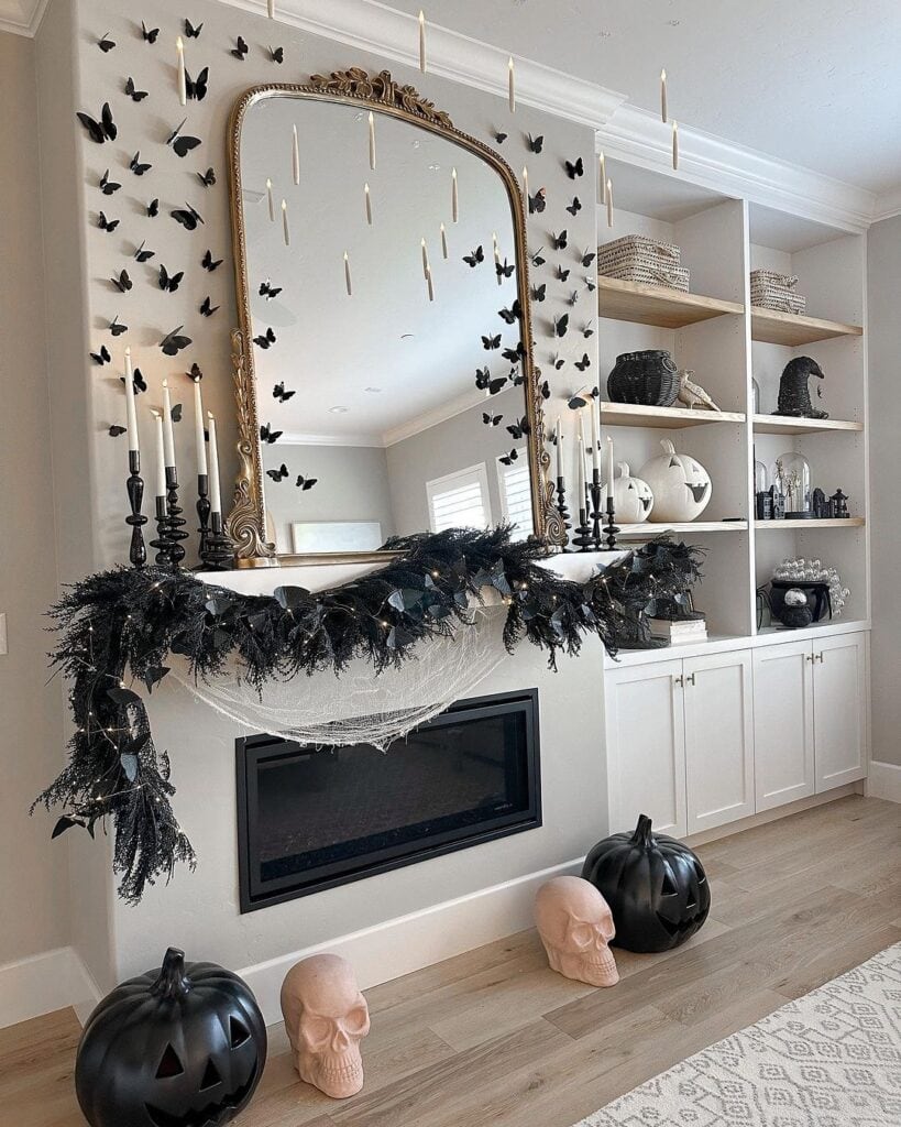 Elegant Halloween Mantel Decor with Floating Candles and Black Butterflies