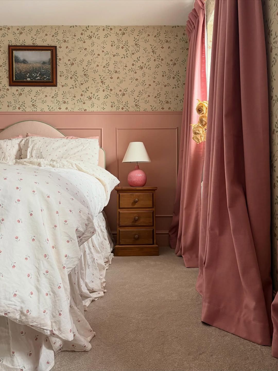 Floral Wallpaper and Velvet Drapes Added Vintage Contrast