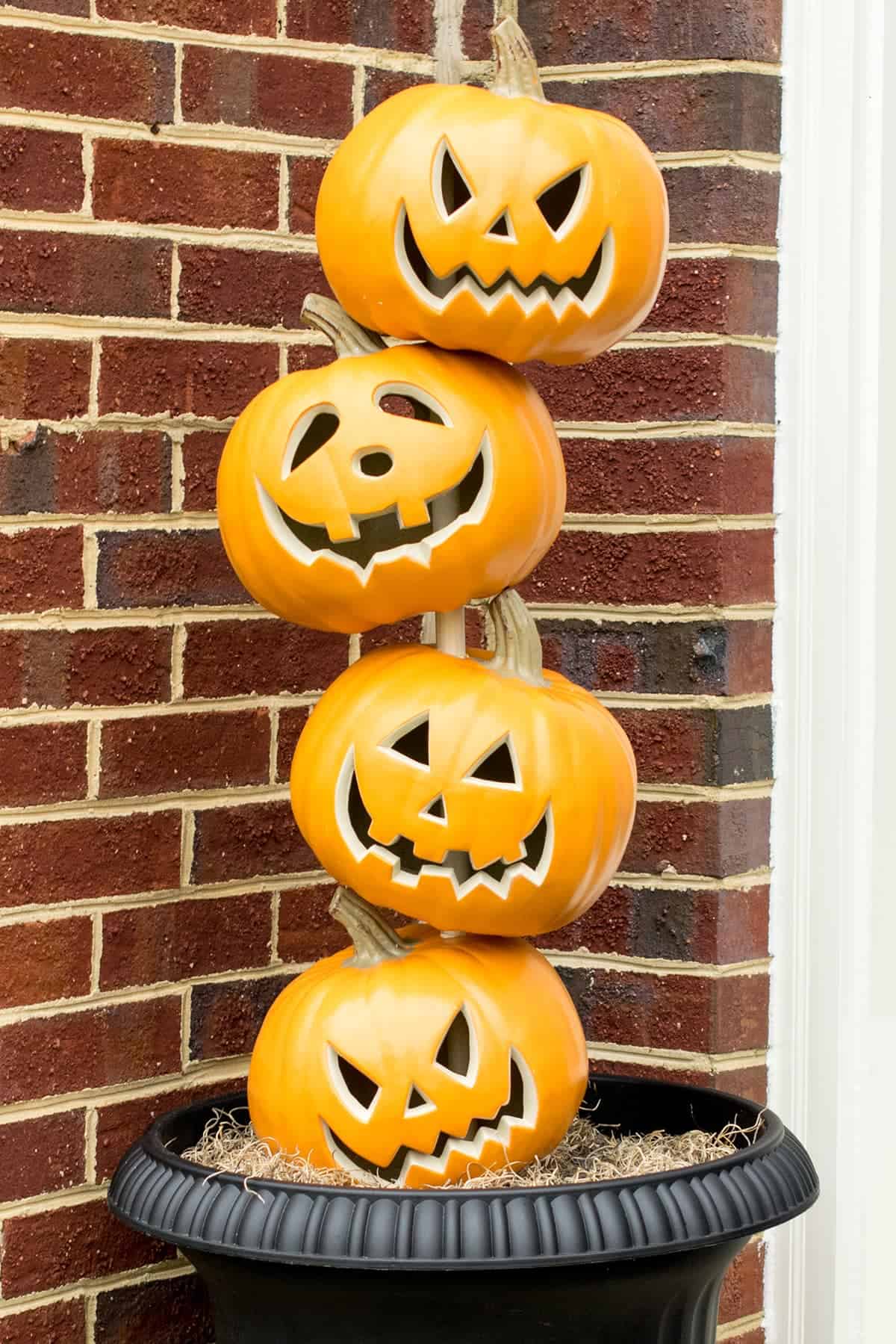 Stacked Pumpkin Heads aka Pumpkin Topiary for Halloween Front Door Decorations.