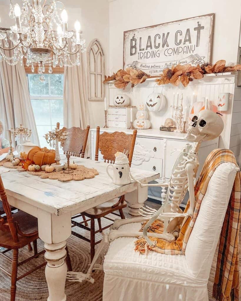 Whimsical Halloween Dining Room Decor with Skeleton Guest